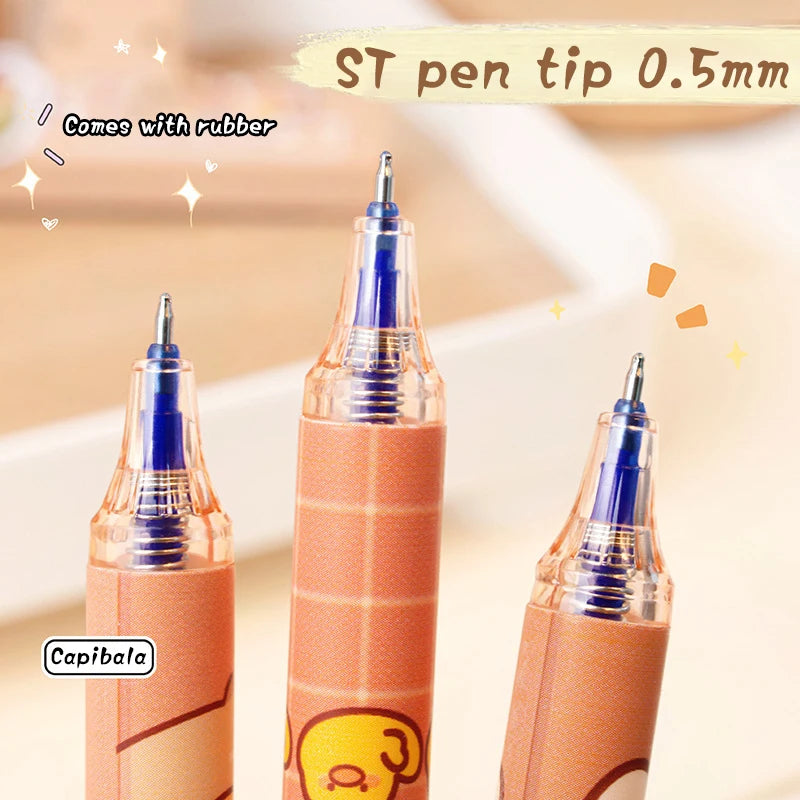 6Pcs Cute Capybara Gel Pens Kawaii Pen Set Quickly-Drying Blue Erasable Pens Office School Supplies Kawaii Aesthetic Stationery