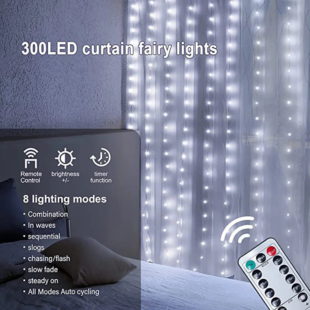 1pc Curtain String Lights, USB Powered Fairy Lights, 8 Lighting Modes With Remote Control,Christmas New Year Home Decoration