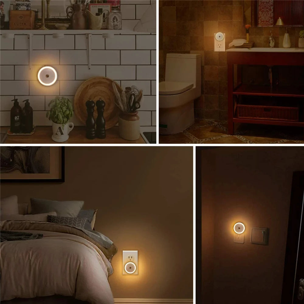 LED Night Light Smart Night Sensor Round Plug in Wall Night Lamp Bathroom Home Kitchen Hallway Staireway Bedroom Nightlight