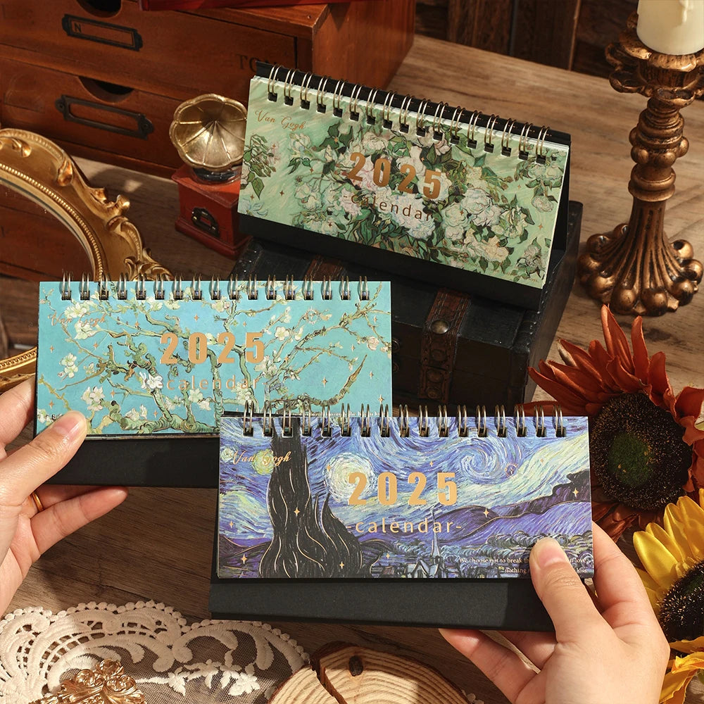 1 pc 2025 Vintage Painting Coil Desk Calendar With Memo Notes Tabletop Flip Schedule Monthly Calendar For Home Office School