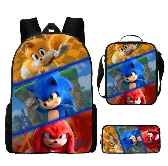 3PC-SET New Cartoon Meal Bag Sonic Lunch Bag Pencil Bag Primary and Middle School Students Backpack Cartoon School Bag Mochila