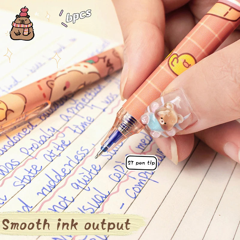 6Pcs Cute Capybara Gel Pens Kawaii Pen Set Quickly-Drying Blue Erasable Pens Office School Supplies Kawaii Aesthetic Stationery