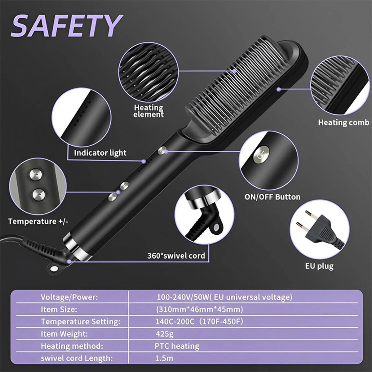 Electric Hot Comb Multifunctional Straight Hair Straightener Comb Negative Ion Anti-Scalding Styling Tool Straightening Brush