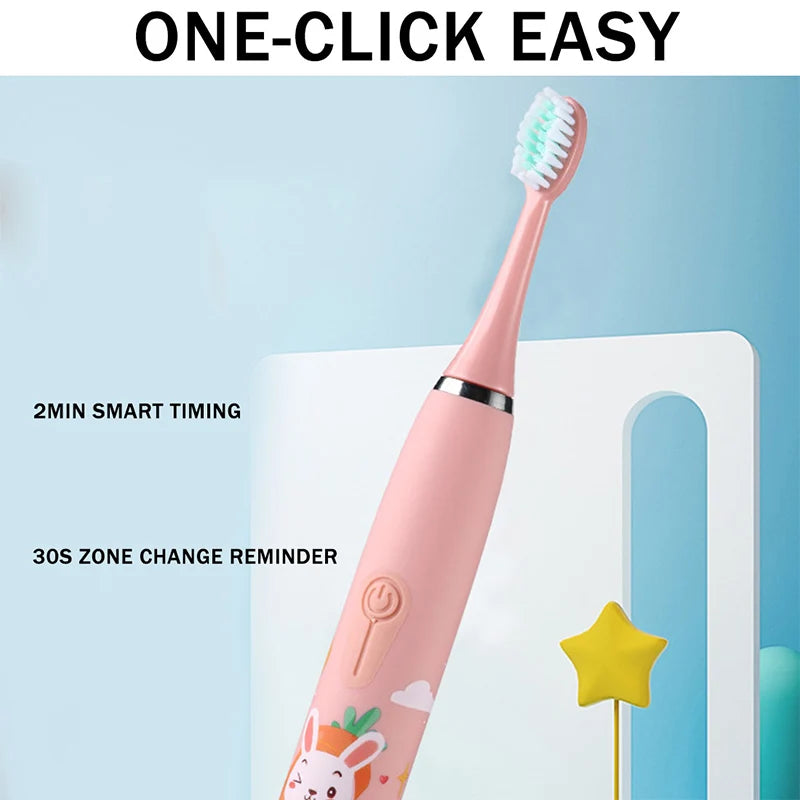 Children's Sonic Electric Toothbrush Colorful Cartoon Kids IPX7 Waterproof Ultrasonic Rechargeable Soft Hair Cleaning Brush