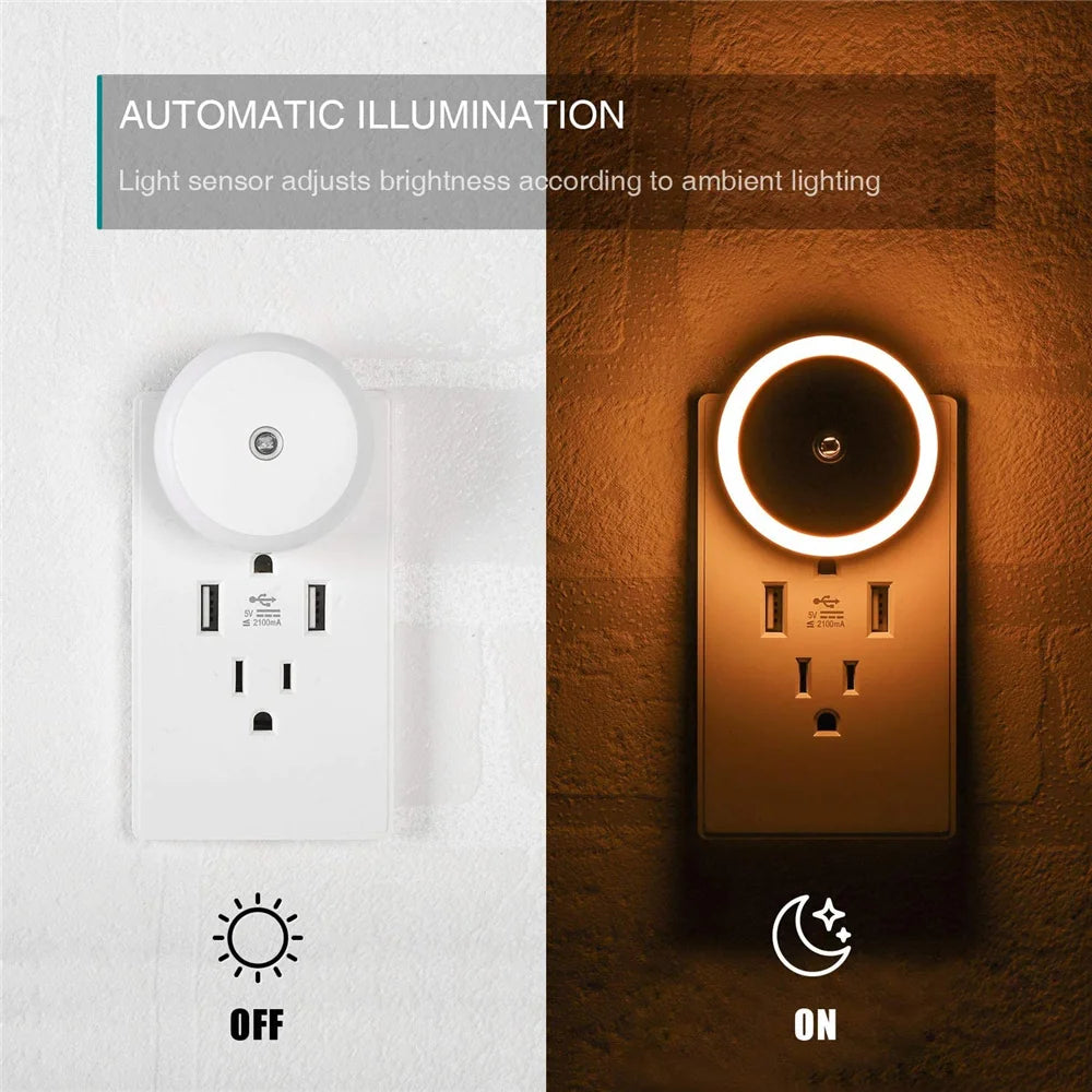 LED Night Light Smart Night Sensor Round Plug in Wall Night Lamp Bathroom Home Kitchen Hallway Staireway Bedroom Nightlight