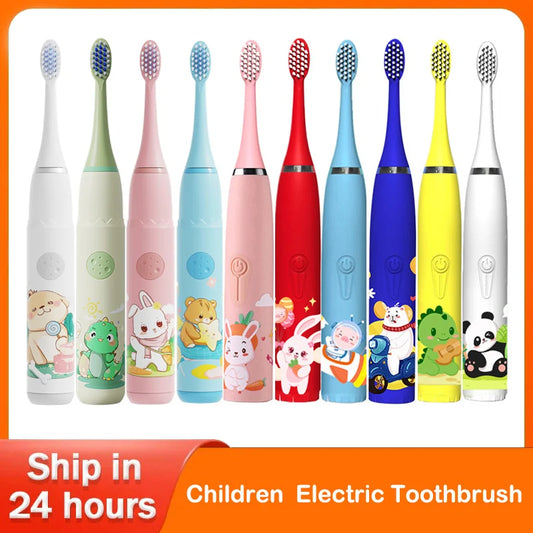 Children's Sonic Electric Toothbrush Colorful Cartoon Kids IPX7 Waterproof Ultrasonic Rechargeable Soft Hair Cleaning Brush