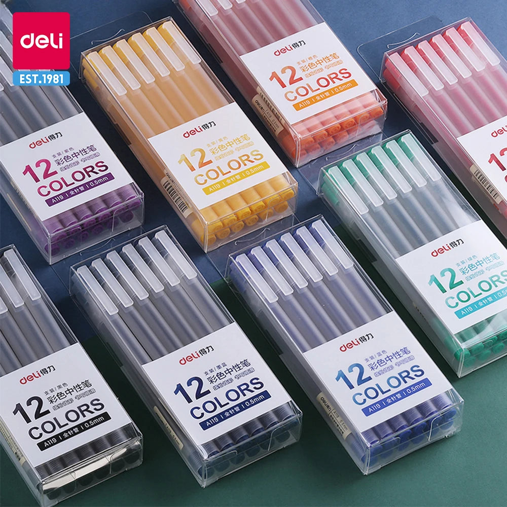 Deli 12Pcs/Set Gel Pen School Pens Set Pen 0.5MM Color Ink Stationery Student SuppliesWater-based Pen Writing Painting Tools