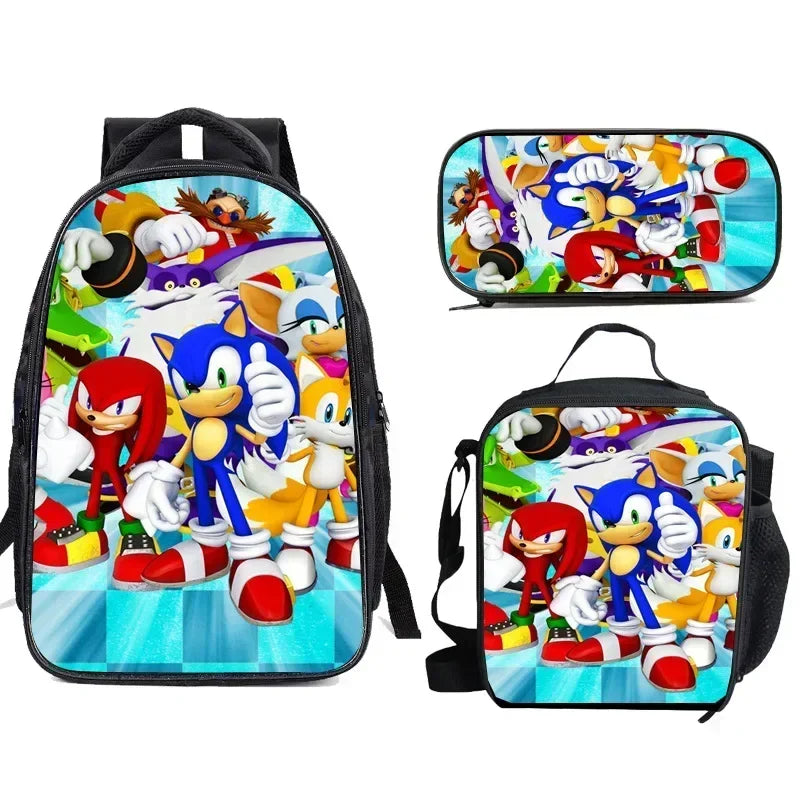 3PC-SET New Cartoon Meal Bag Sonic Lunch Bag Pencil Bag Primary and Middle School Students Backpack Cartoon School Bag Mochila