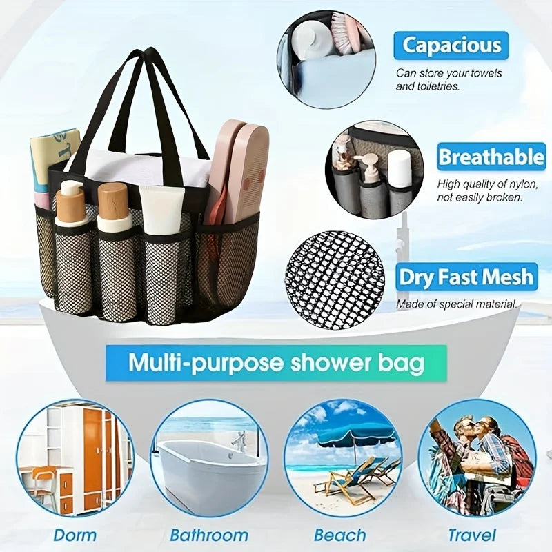 Portable mesh shower organizer: 8 pocket hanging shower baskets, suitable for dormitories, beaches, and travel