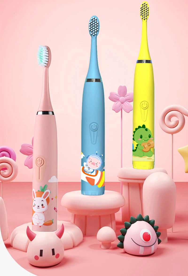 Children's Sonic Electric Toothbrush Colorful Cartoon Kids IPX7 Waterproof Ultrasonic Rechargeable Soft Hair Cleaning Brush