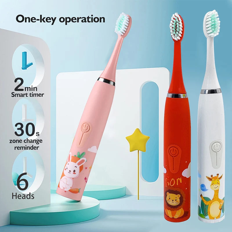 Children's Sonic Electric Toothbrush Colorful Cartoon Kids IPX7 Waterproof Ultrasonic Rechargeable Soft Hair Cleaning Brush