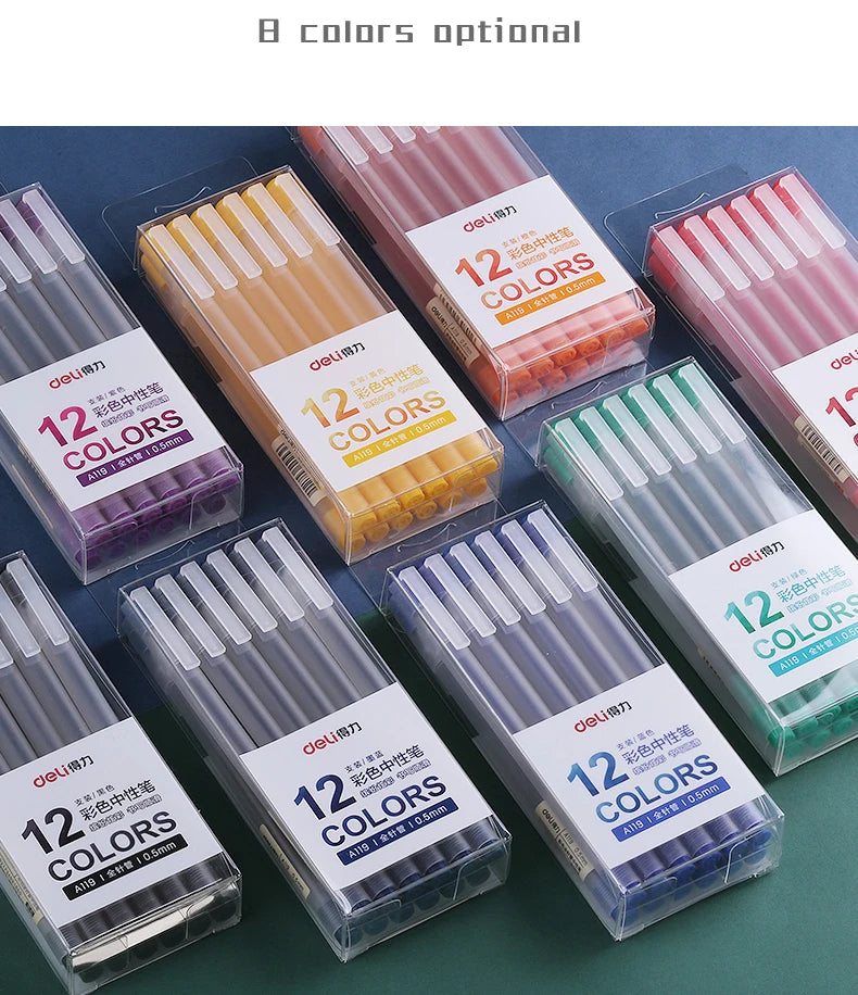 Deli 12Pcs/Set Gel Pen School Pens Set Pen 0.5MM Color Ink Stationery Student SuppliesWater-based Pen Writing Painting Tools