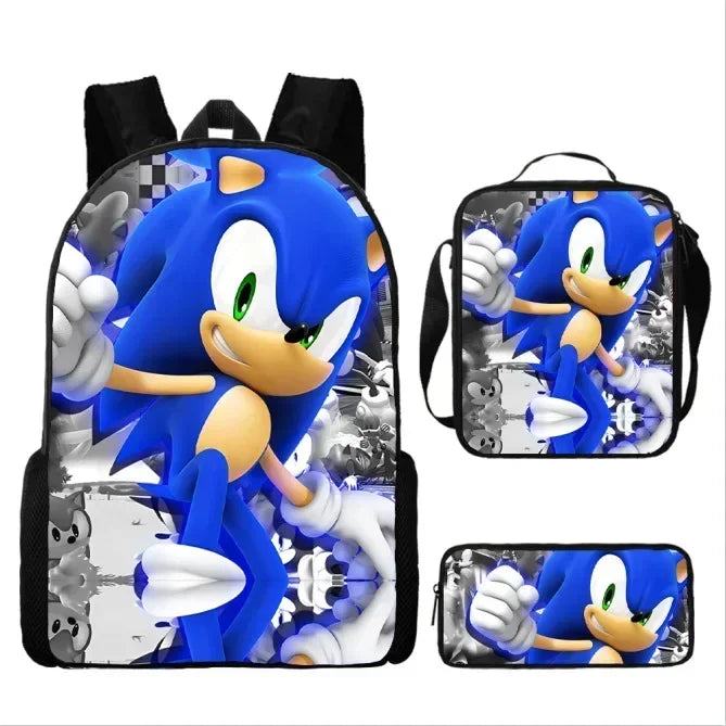 3PC-SET New Cartoon Meal Bag Sonic Lunch Bag Pencil Bag Primary and Middle School Students Backpack Cartoon School Bag Mochila