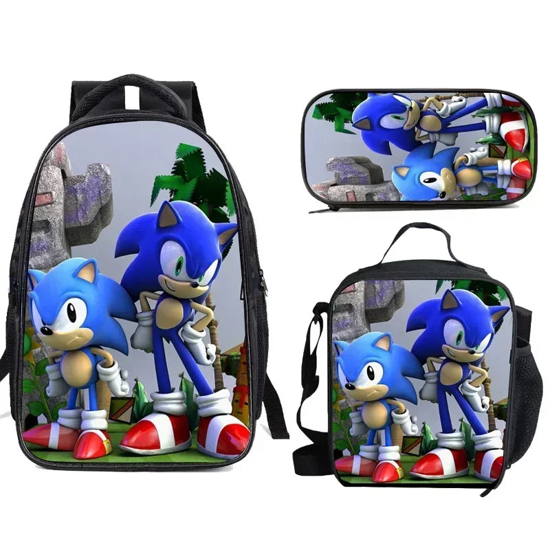 3PC-SET New Cartoon Meal Bag Sonic Lunch Bag Pencil Bag Primary and Middle School Students Backpack Cartoon School Bag Mochila