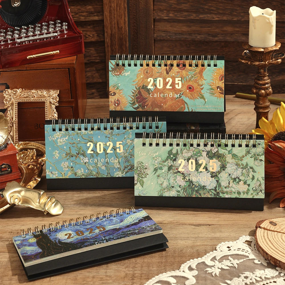 1 pc 2025 Vintage Painting Coil Desk Calendar With Memo Notes Tabletop Flip Schedule Monthly Calendar For Home Office School