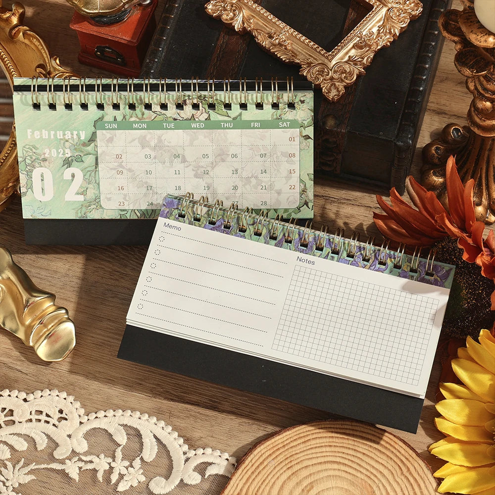 1 pc 2025 Vintage Painting Coil Desk Calendar With Memo Notes Tabletop Flip Schedule Monthly Calendar For Home Office School