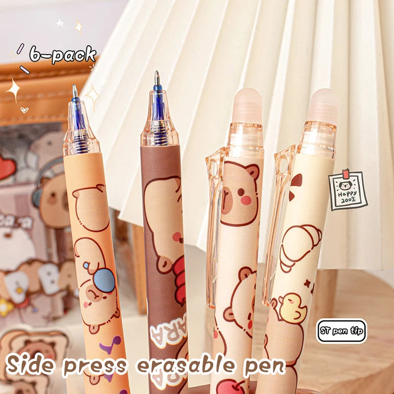 6Pcs Cute Capybara Gel Pens Kawaii Pen Set Quickly-Drying Blue Erasable Pens Office School Supplies Kawaii Aesthetic Stationery