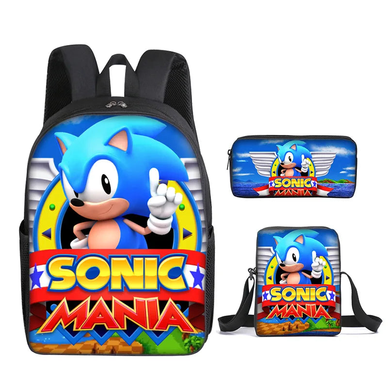 3PC-SET New Cartoon Meal Bag Sonic Lunch Bag Pencil Bag Primary and Middle School Students Backpack Cartoon School Bag Mochila