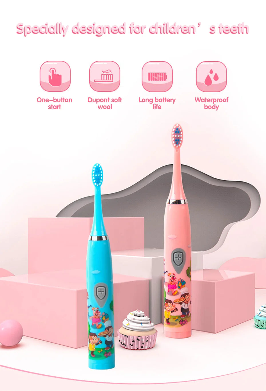 Children Sonic Electric Toothbrush Colorful Cartoon For Kids USB Rechargeable Soft Automatic Waterproof With Replacement Head